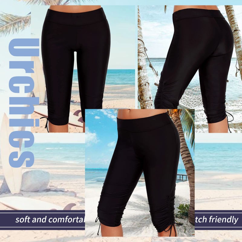 Urchics Womens Plus Size Rash Guard Capris High Waist Swimwear Bottoms Long Swim Shorts Tankini Bottom Swim Lengging Black XXL - Image 4